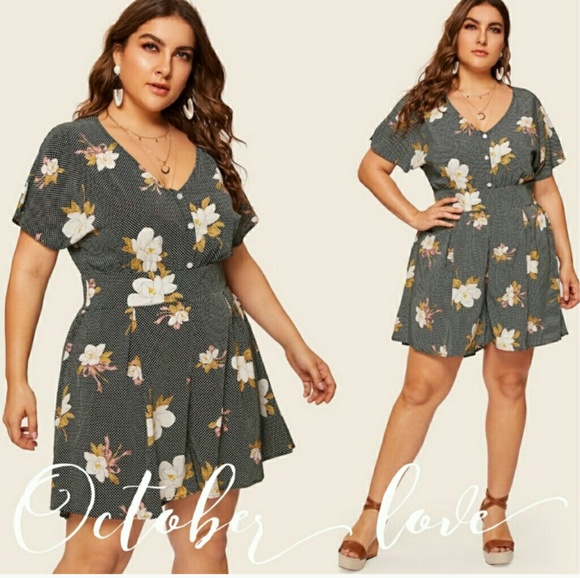 Black w/White Polka Dots & Flowers Romper 4X - Picture 3 of 3